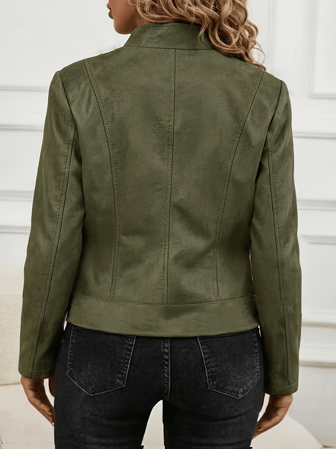 Plus Size Elegant Biker Jacket with Metallic Zipper for Spring/Fall