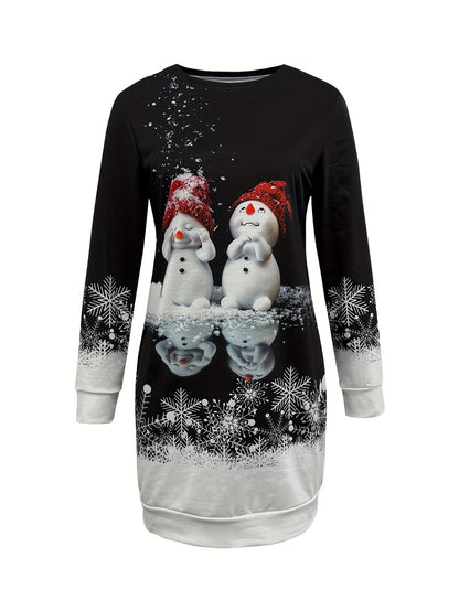 Women's Elegant Winter Snowman & Snowflake Print Sweater Dress - Long Sleeve A-Line Silhouette with Round Neck, Machine Washable Christmas Party Outfit for Holiday Events, New Year's Eve & Everyday Winter Wear - Cozy Casual t