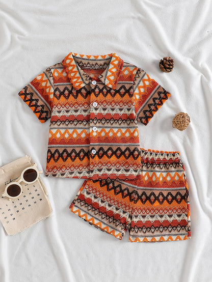 Boys' Summer Striped Waffle Knit Shirt & Shorts Set