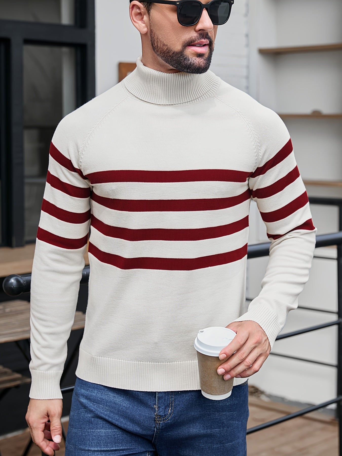 Men's High Neck Long Sleeve Striped Contrast Color Pullover Sweater - ayq