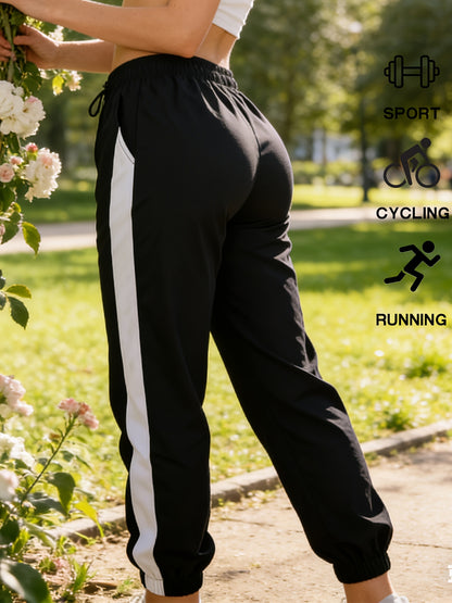Women's Color-Block Striped High-Waisted Drawstring Joggers