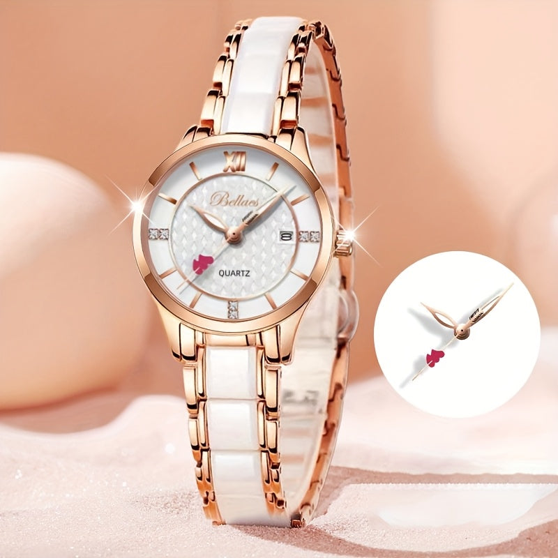 Elegant Women's Quartz Watch with Cupid Arrow & Ceramic Strap