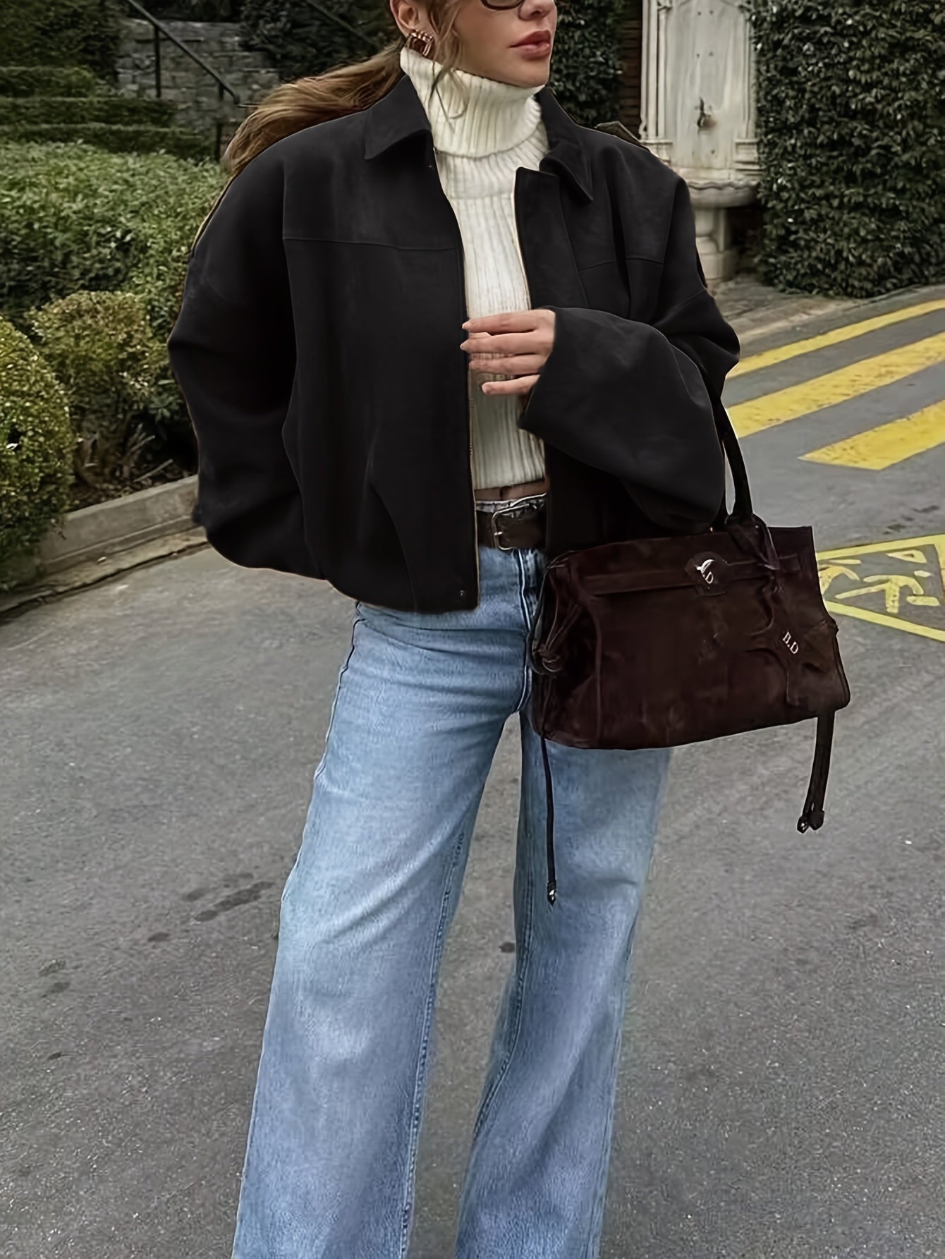 Women'S Vintage Bomber Jacket - Loose Fit Long Sleeve Zip-Up with Drop Shoulder Design, Brown Casual Outerwear for Fall/Winter, Non-Stretch Fabric, Perfect for Casual Attire, Autumn Winter Jacket | Vintage Bomber Style | Zipp