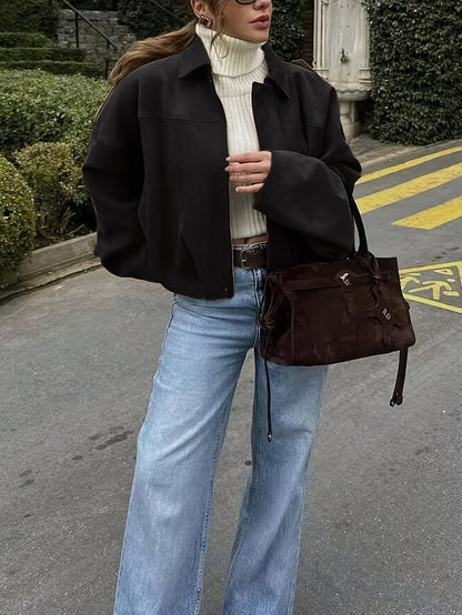 Women'S Vintage Bomber Jacket - Loose Fit Long Sleeve Zip-Up with Drop Shoulder Design, Brown Casual Outerwear for Fall/Winter, Non-Stretch Fabric, Perfect for Casual Attire, Autumn Winter Jacket | Vintage Bomber Style | Zipp