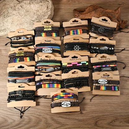 4/18/36pcs Vintage Fashion Faux Leather Bracelet Western Punk Style Beaded Wristband, Handwoven DIY Random Styles