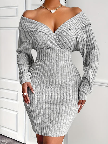 Sexy V-Neck Knit Bodycon Dress for Women, Long Sleeve One-Shoulder Solid Color Polyester Dress with Lace-Up Detail, Regular Fit for Fall Season