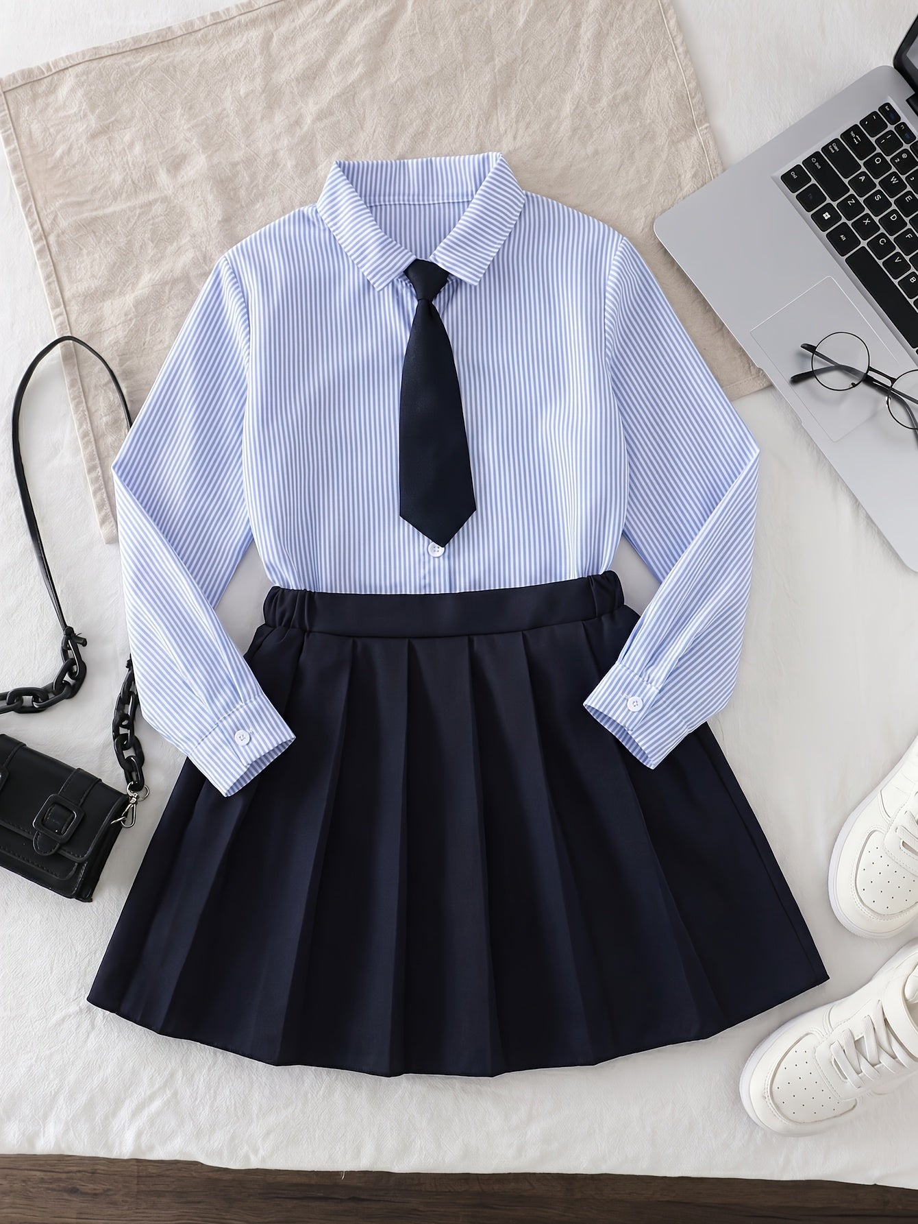 Girls' Preppy School Uniform Set with Striped Shirt & Pleated Skirt