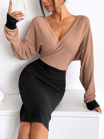 Elegant Color Block Long Sleeve V-neck Bodycon Dress | Midi Length, Solid Color, Suitable for Spring/Fall Season
