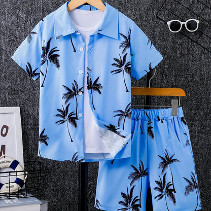 2pcs Boys Casual Coconut Tree Graphic Print Short Sleeve Lapel Shirt & Shorts Set, Comfy Summer Boys Clothing For Daily & Outdoor Wear