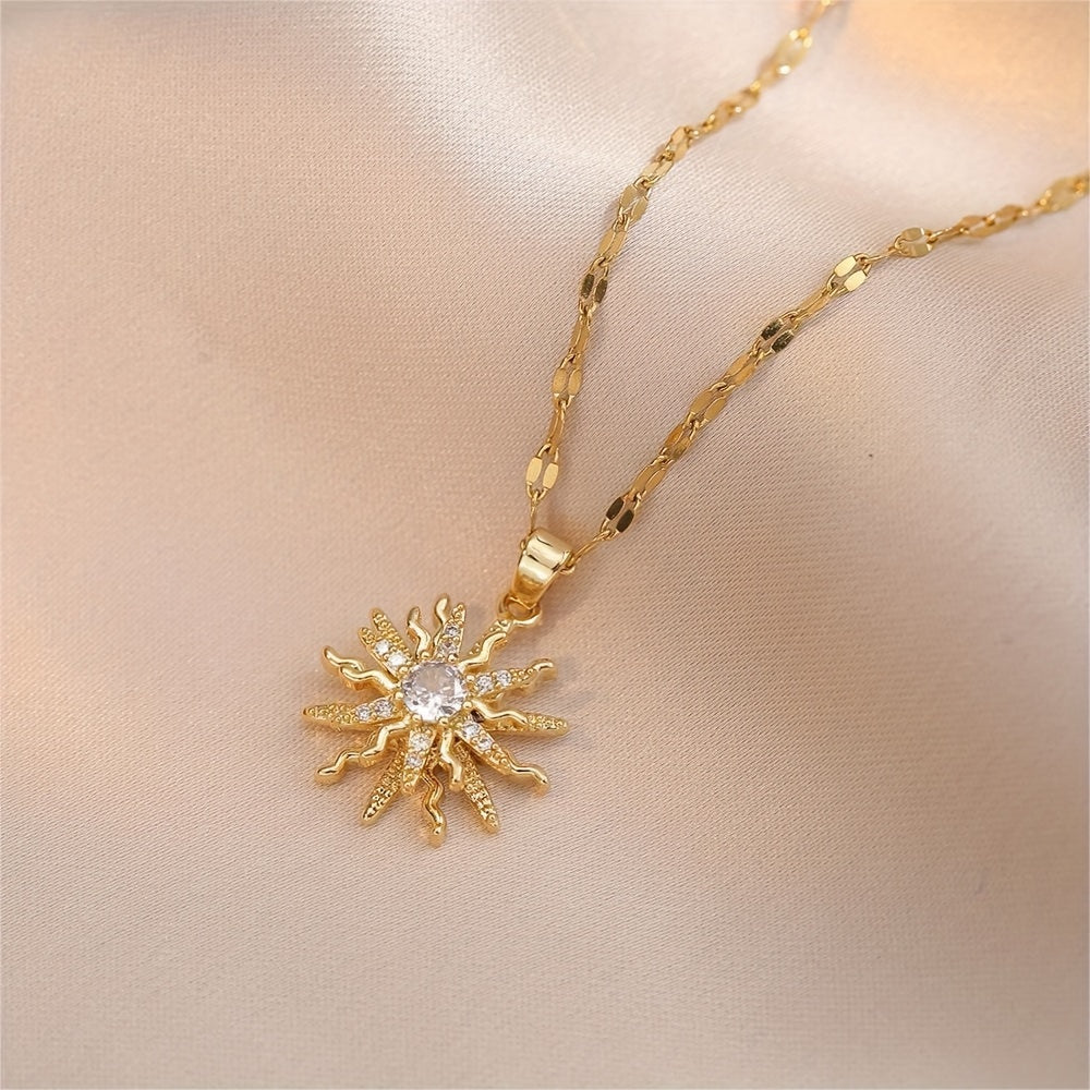 18K Gold Plated Sun Pendant Necklace with Sparkling Cubic Zirconia