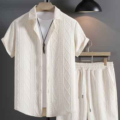 Men's Set Shirt Short Sleeve Shorts Thick Solid Color Knit Jacquard Casual Comfort High-Quality Two-Piece Set