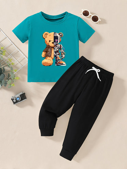 Boys' Casual Cotton T-Shirt and Pants Set with Doll Print