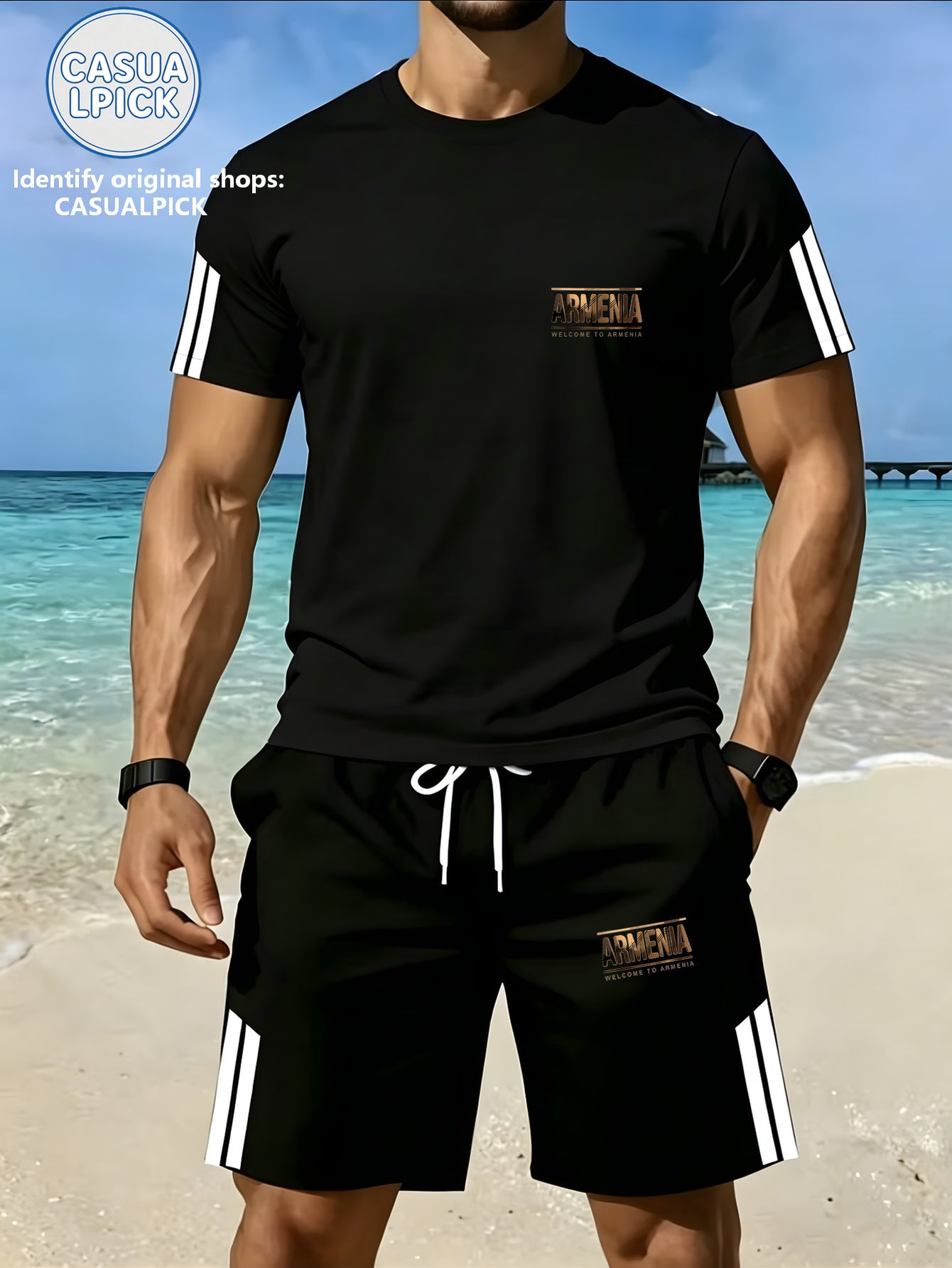 Men's Casual Short-Sleeve Top and Shorts Set with Print