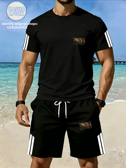 Men's Casual Short-Sleeve Top and Shorts Set with Print
