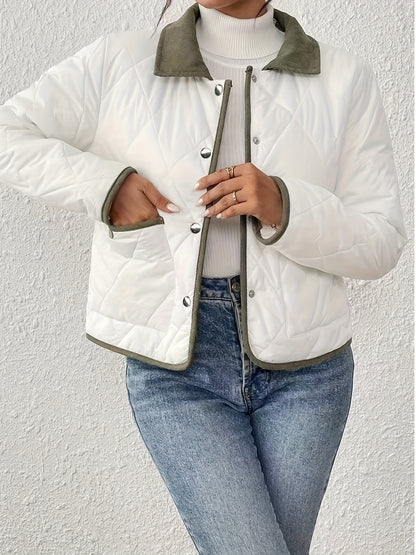 Women's Fashion Elegant Two-Tone Fabric Short Jacket, Color-Block Lapel Collar, Long Sleeve, Suitable for All Occasions, Autumn and Winter