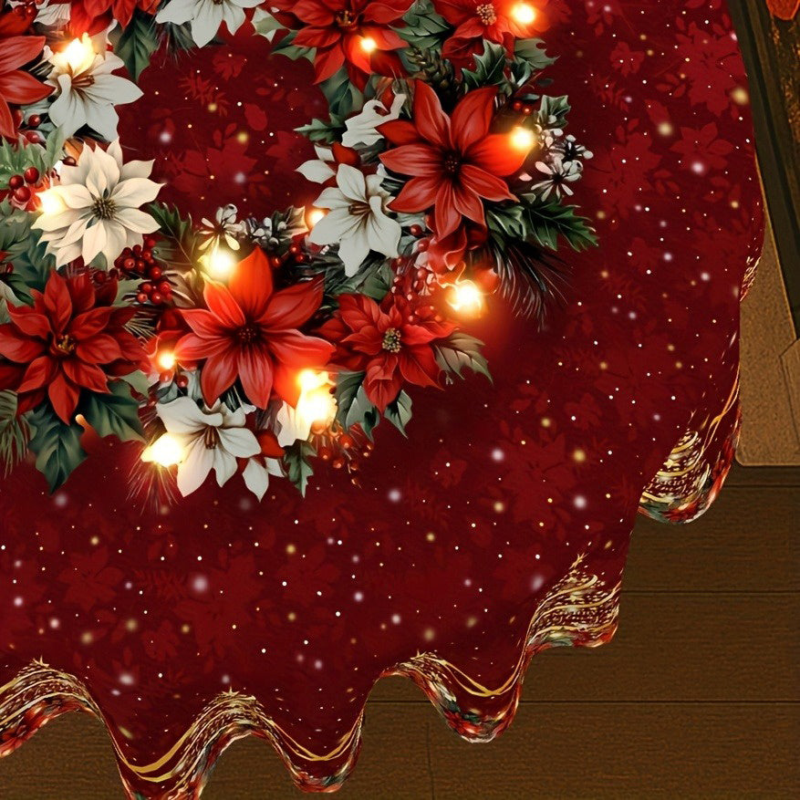 1pc Burgundy & Golden Christmas Tablecloth with Poinsettia, Holly, Pine Garland & Snowflake Patterns - Red/Green/Golden Rectangular Table Cover for Holiday Parties, Xmas Dinner, Thanksgiving, New Year's Decorations (Easy-Clea