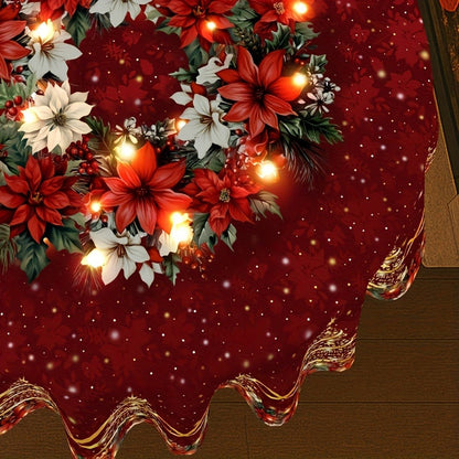 1pc Burgundy & Golden Christmas Tablecloth with Poinsettia, Holly, Pine Garland & Snowflake Patterns - Red/Green/Golden Rectangular Table Cover for Holiday Parties, Xmas Dinner, Thanksgiving, New Year's Decorations (Easy-Clea