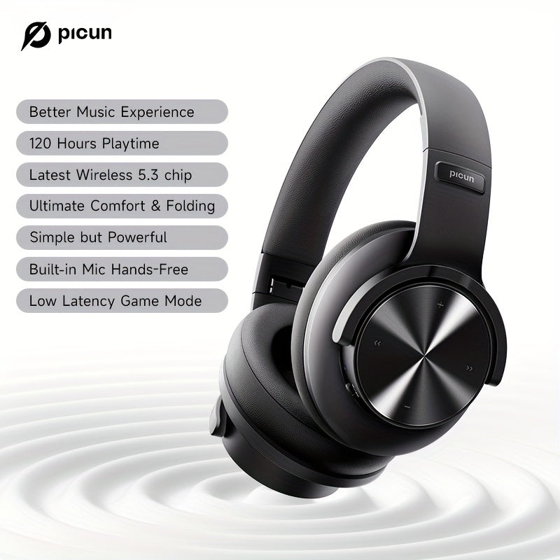 Picun Wireless Headphones, 120 Hours Headphones Wireless, Hands-Free Calls, 3EQ &Game Mode, Foldable Headphones Over Ear for Travel Home Office Cellphone PC