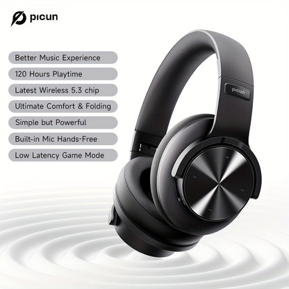 Picun Wireless Headphones, 120 Hours Headphones Wireless, Hands-Free Calls, 3EQ &Game Mode, Foldable Headphones Over Ear for Travel Home Office Cellphone PC