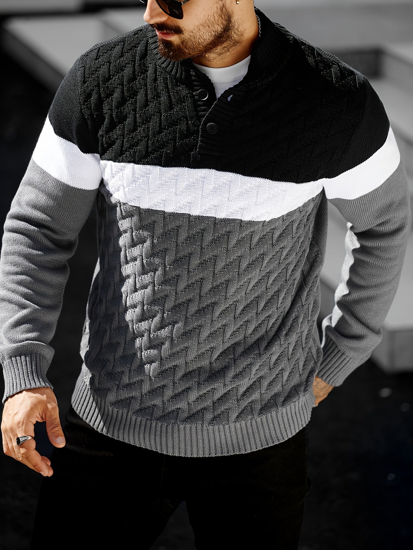 Men'S Stand Collar Pullover | Casual Fashion Quarter Button Stitching Knitwear with Geometric Pattern, Long Sleeve, Regular Fit for Fall/Winter - ayq