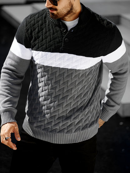 Men'S Stand Collar Pullover | Casual Fashion Quarter Button Stitching Knitwear with Geometric Pattern, Long Sleeve, Regular Fit for Fall/Winter - ayq