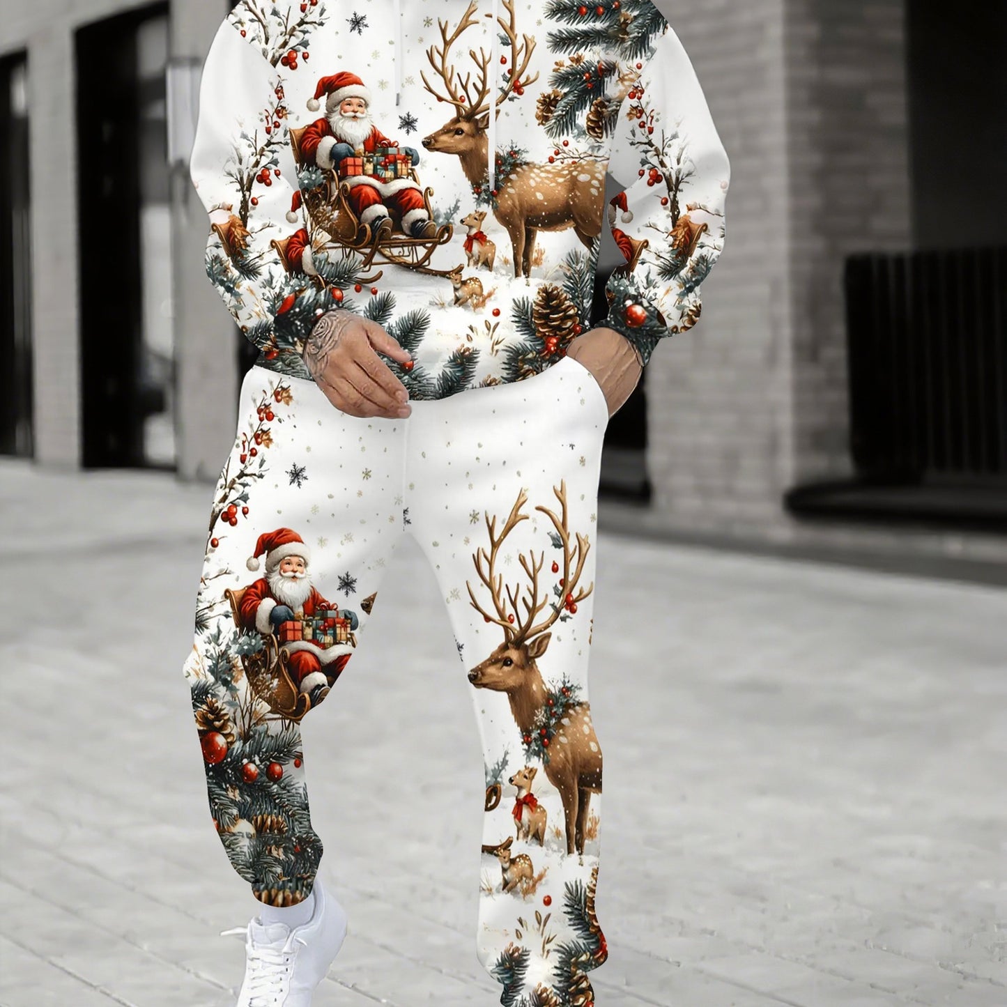 Christmas Theme Sweatshirt Set, Hooded Long-Sleeve and Pants Casual Outfit - Perfect for Holidays & Family Gatherings