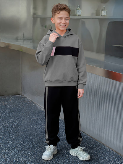 2pcs Boys' Winter Hooded Sweatsuit & Pants - Warm Sweater Outfit with Matching Long Pants, Colorblock Hoodie (Suitable for & Big Kids) - Machine Washable 2pcs set, Perfect for Outdoor