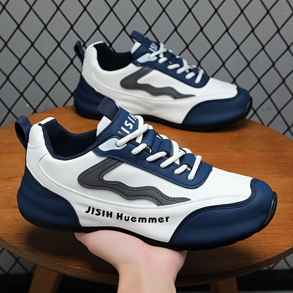 Men's Breathable Color-Block Low-Top Running Shoes - White  Navy Blue Contrast Design, Durable PU Upper  PVC Sole, All-Season Non-Slip Traction for Gym, Jogging, Casual Wear, Jogging Footwear   Sporty Look   Fabric Lined In