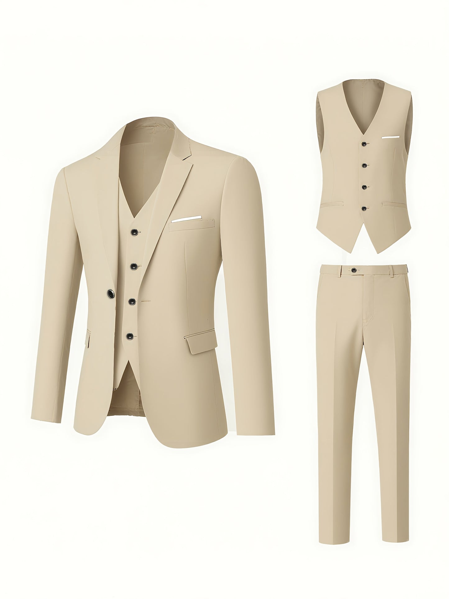 Men's 3-Piece Polyester Suit Set with Jacket, Vest & Trousers