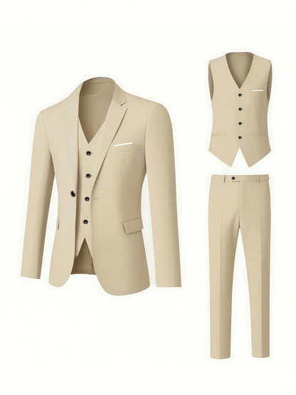 Men's 3-Piece Polyester Suit Set with Jacket, Vest & Trousers