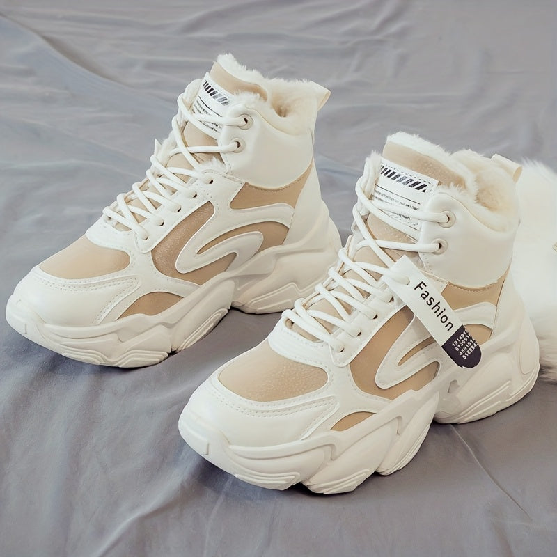 Women's Plush Fleece-Lined High-Top Sneakers - Thick-Soled Winter Warm Lace-Up Shoes with PU Upper & Cushioned PVC Sole, White/Black/Grey Chunky Dad Shoes (Cozy Round Toe) - Instagram Trendy Winter Footwear by I Trend