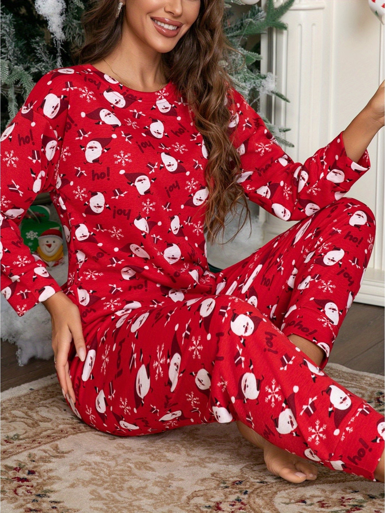 Plus Size Autumn-Winter Santa Claus Pattern Pajama Set, Women's Tweed Style Festive Party Loungewear Outfit