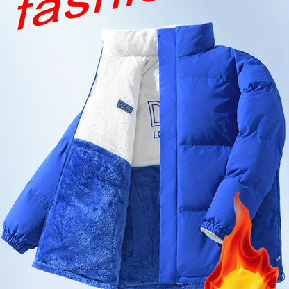 Men'S Double-Sided Fleece-Lined Thickened Jacket - Casual Stand Collar with Letter Print, Regular Fit, Pockets, Polyester Fill, Versatile for Fall/Winter, Winter Jacket
