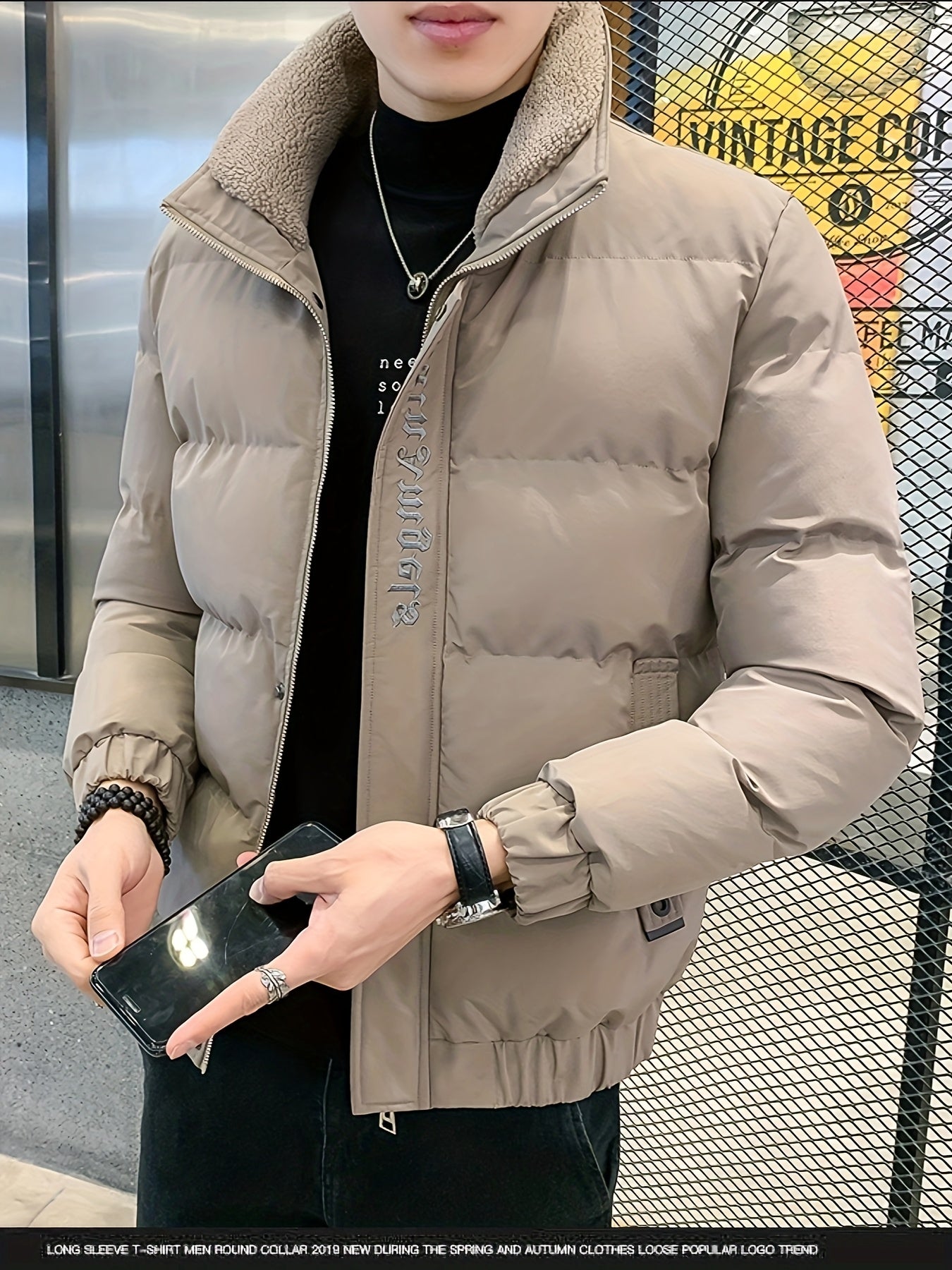 Men's Winter Jacket - Thick, Warm & Stylish with Zippered Cuffs and Pockets, Black, Casual Loose Fit for Cold Weather, Winter Clothes