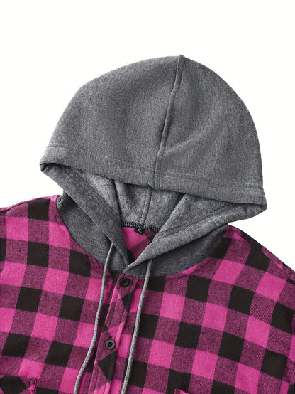 Plaid Shirt Coat For Men Long Sleeve Casual Regular Fit Button Up Hooded Shirts Jacket