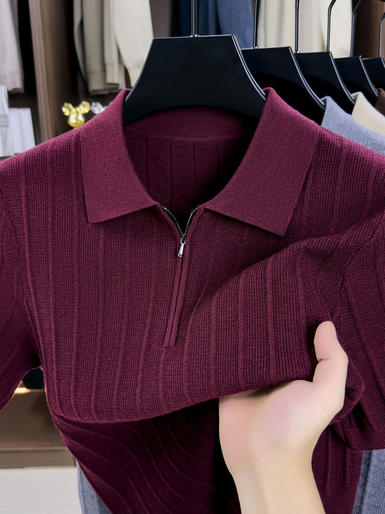 Men's Spring/Fall Knit Polo Shirt with Half-Zip Lapel
