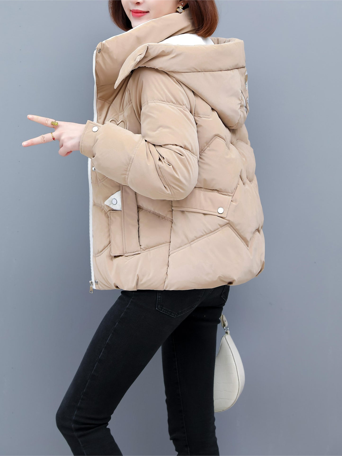 Women's Winter Hooded Jacket - Stylish Beige & White Zip-Up Coat with Heart Design, Warm Polyester Outerwear for Casual or Chic Looks, Winter Jacket