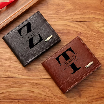 1pc Men's Business Style Faux Leather Wallet, Customizable Text and Initials, Solid Color Faux Leather with Contrast Accents, Compact Short Bifold Design for Easy Carrying - Perfect Birthday Gift for Boyfriend and Father, Per