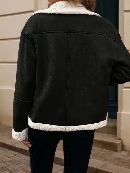 Black Button-Front Jacket, Soft Teddy Texture, Machine Washable Warm Coat for Casual and Formal Occasions, Stylish Design with Elegant Cut, Fleece-Lined Plush Fabric, Office Attire, Classic Look, Trendy Winter Wear