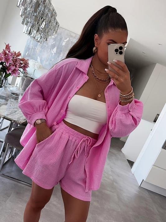 Women's Cotton Cardigan & Shorts Set Casual Long Sleeve
