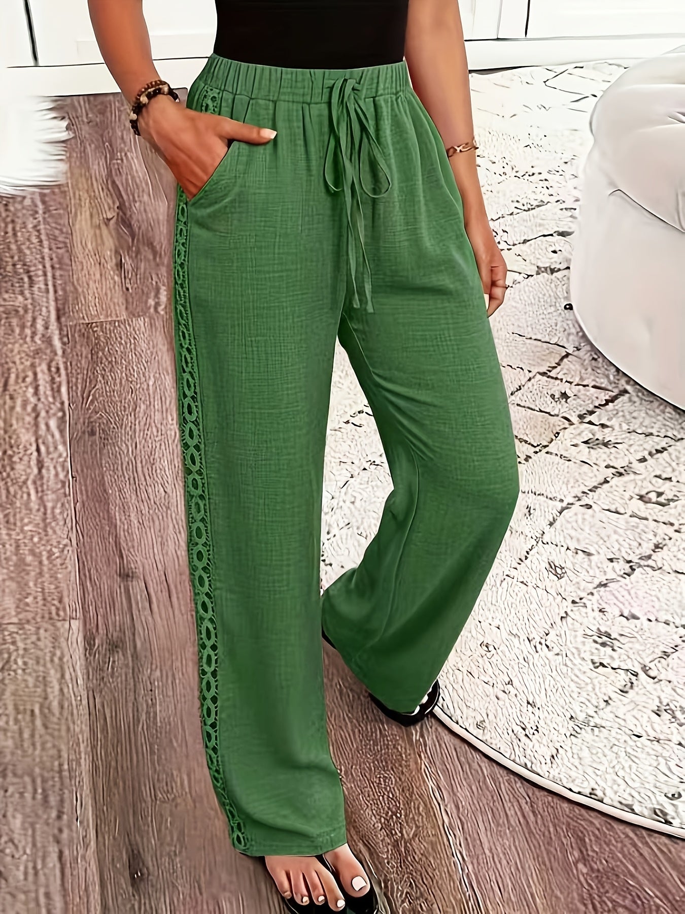 Women's Casual Straight Leg Polyester Trousers with Ruffle Detail
