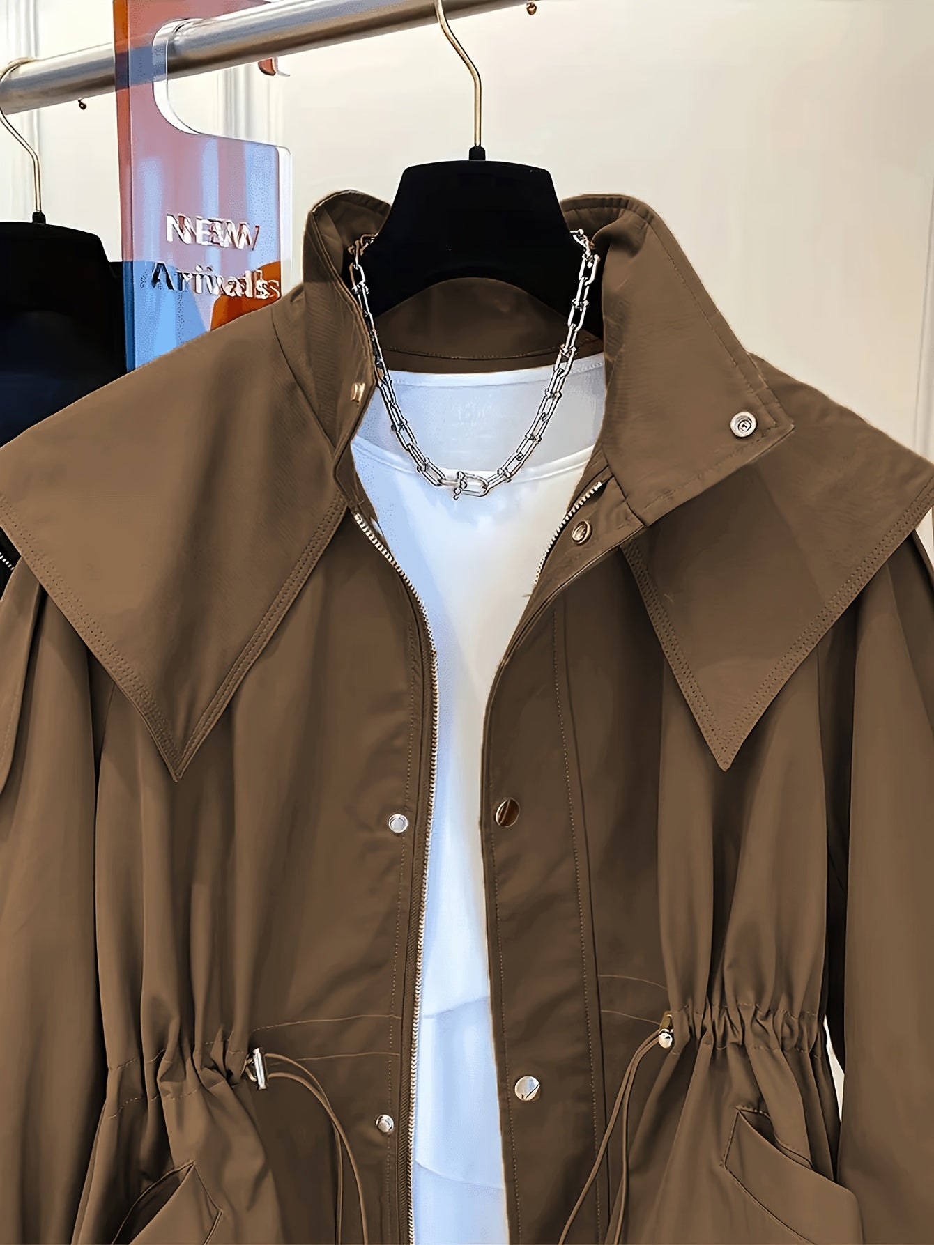 Women'S Casual Solid Color Polyester Overcoat with Drawstring Waist, Lapel Collar, and Chest Pockets - Spring and Fall Fashion, Comfortable, Non-Stretch Fabric, Casual Outerwear | Classic Long Sleeve | Nonstretch Materia