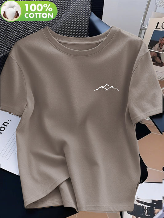 Women's 100% Cotton Crew Neck T-Shirt with Mountain Art Print - ayq