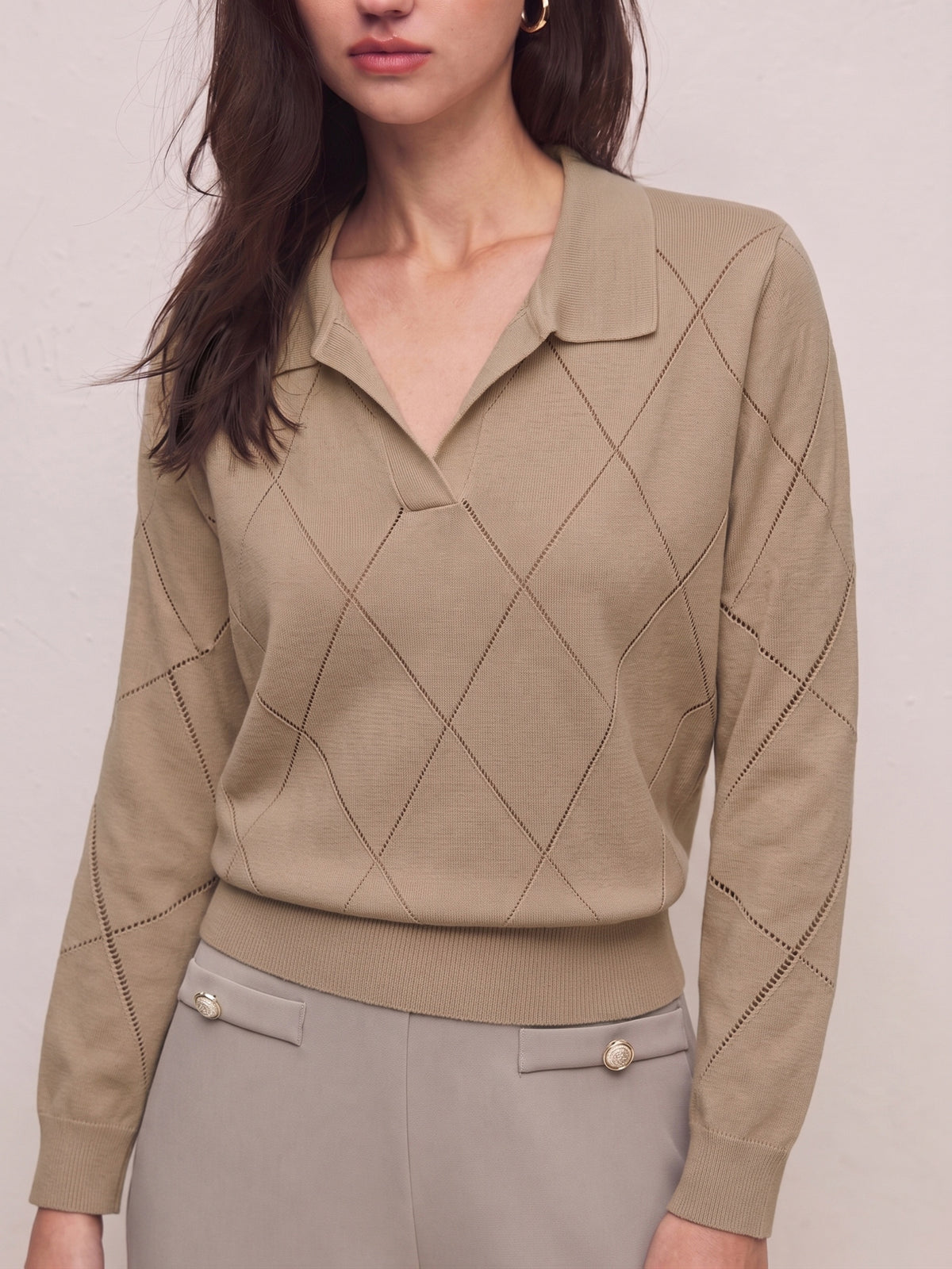 Elegant Women's Polo Neck Argyle Sweater with Loose Fit