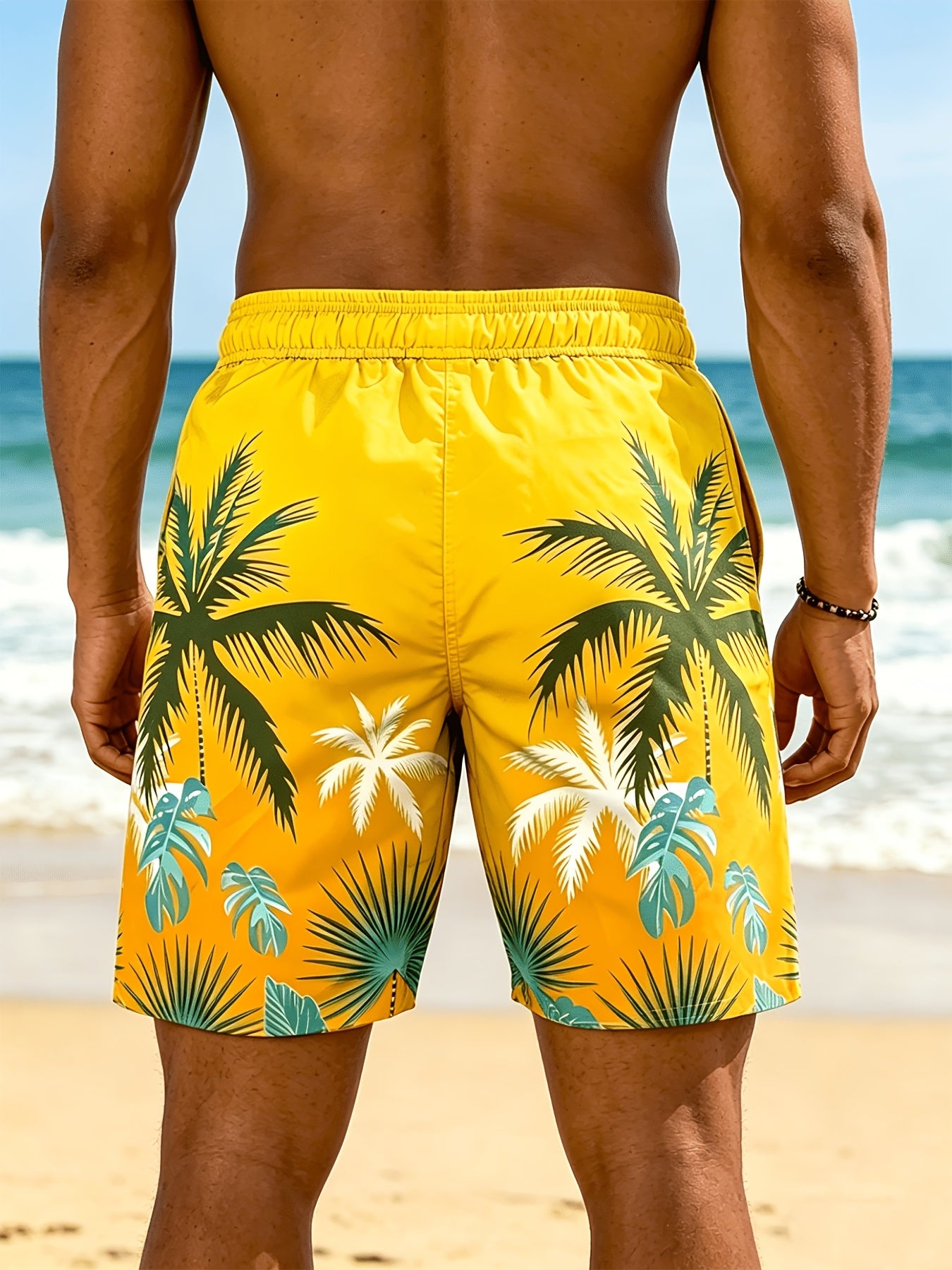 Plus Size Men's Palm Tree Print Beach Shorts, Breathable Polyester