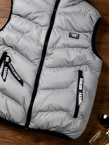 Men's Thickened Polyester Warm Vest with Full-Zip and Stand Collar