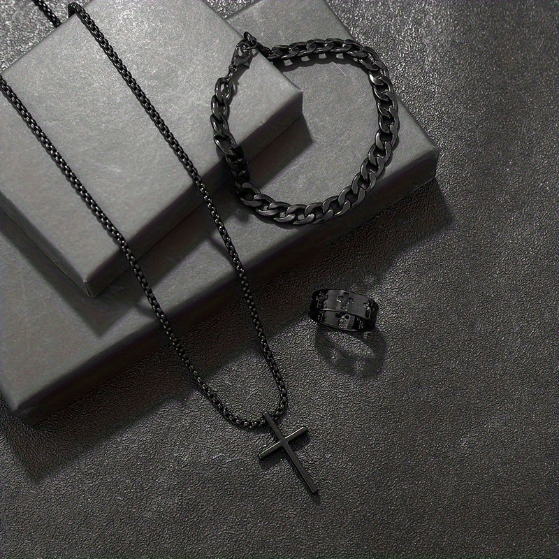 3pcs 's Fashion Jewelry Set: Hip Hop Bracelet, Necklace & Ring - Alloy Gift for Boyfriend/Husband, for Teenager