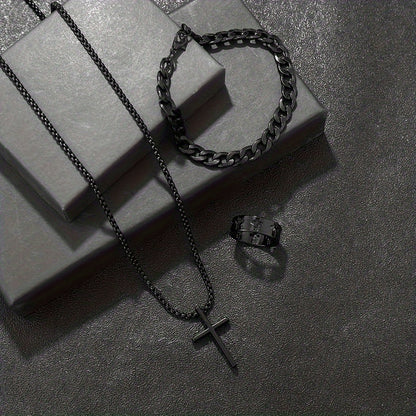 3pcs 's Fashion Jewelry Set: Hip Hop Bracelet, Necklace & Ring - Alloy Gift for Boyfriend/Husband, for Teenager