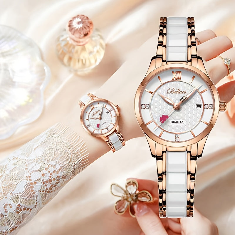 Elegant Women's Quartz Watch with Cupid Arrow & Ceramic Strap