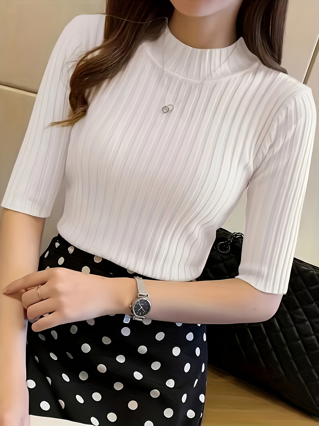 Women's Elegant Solid Color Ribbed Pullover Top - Short Sleeve Regular Fit Machine-Washable All-Season Versatile Blouse for Casual & Formal Wear